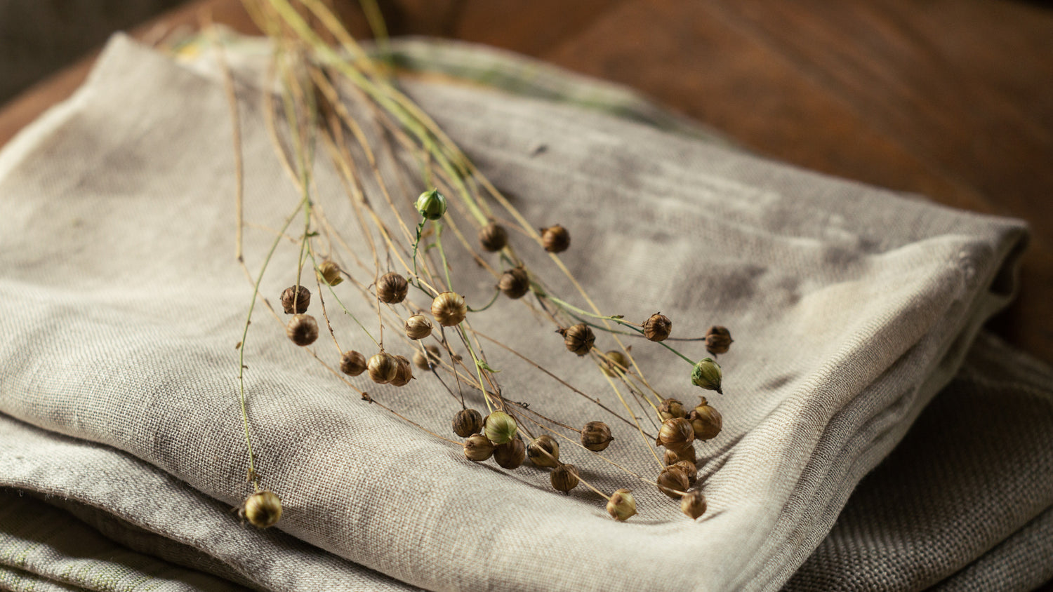 Folded linen cloth with dried flax stems on top.